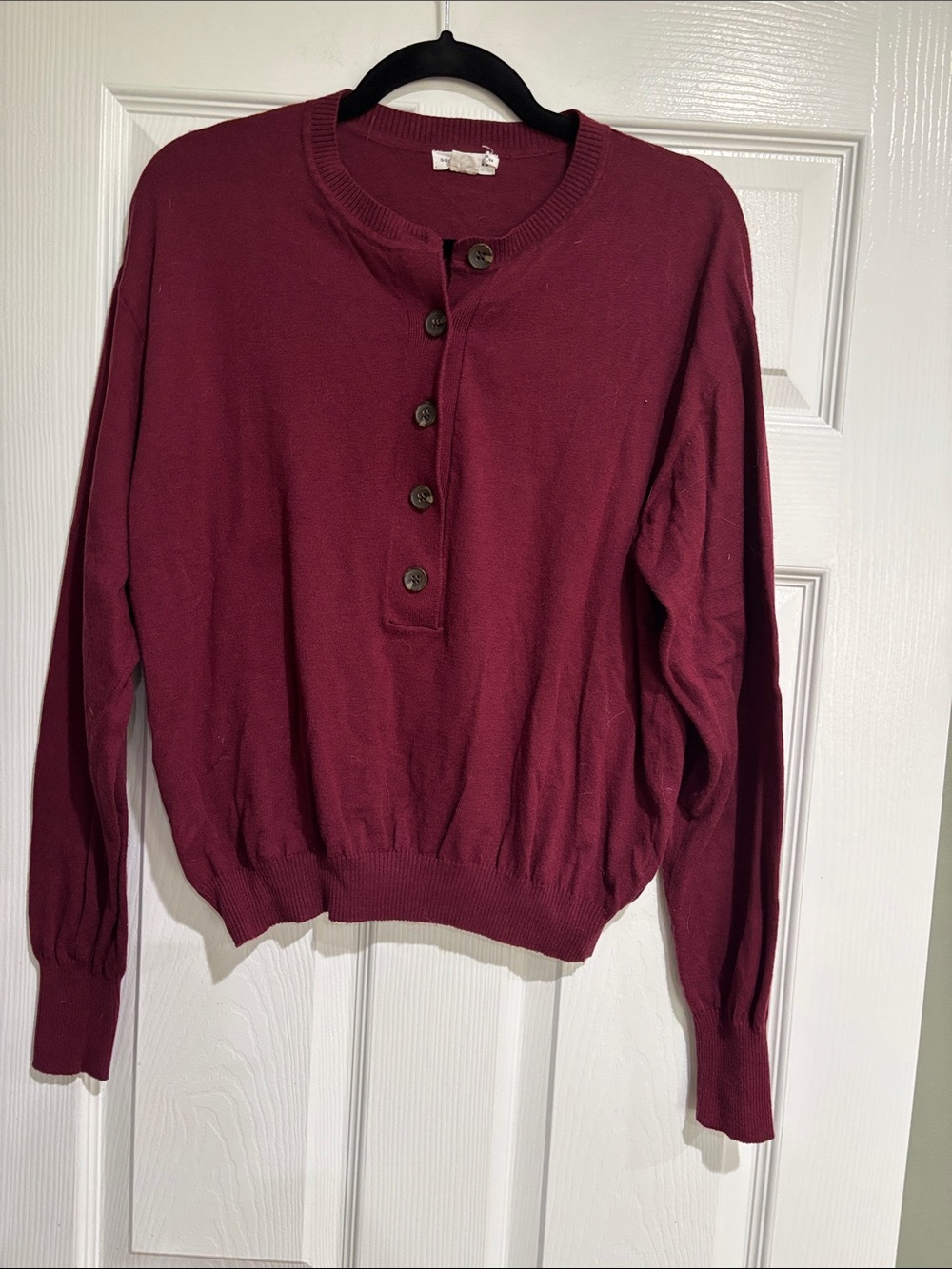 Good American Deep Berry Button-Front Crewneck Sweater